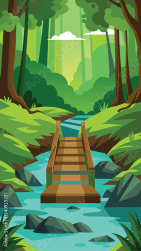 Vibrant illustrated forest scene with a wooden bridge crossing a serene river landscape