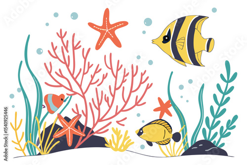 Cartoon fish swim around coral and starfish among sea plants happily undersea