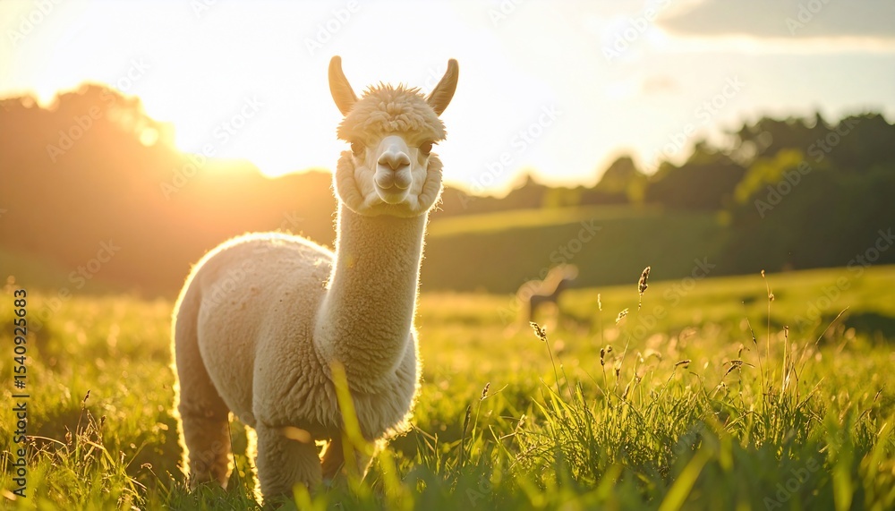 Fototapeta premium Golden Hour Alpaca in a Serene Meadow