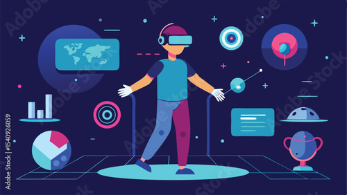 Virtual reality user interacting with data charts and futuristic user interface elements