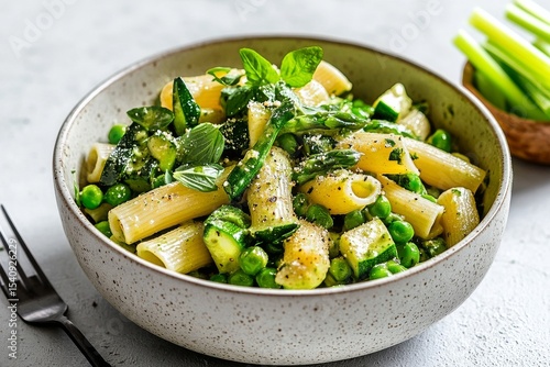 Fresh Vegetable Pasta Dish With Peas and Herbs Prepared in a Modern Kitchen S...