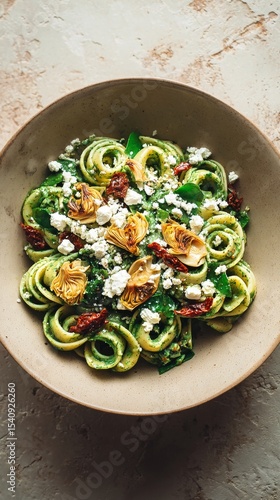 Delicious Pasta Dish With Artichokes and Feta Served on a Textured Plate