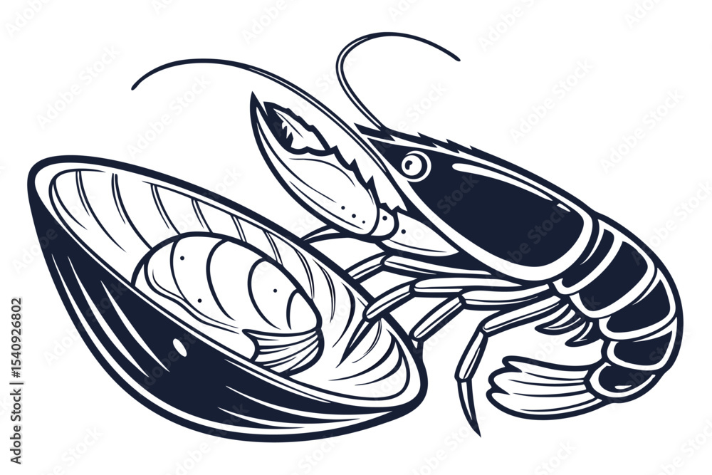 Fototapeta premium Simple monochrome drawing showcases a shrimp and opened mussel with an elegant nautical aesthetic