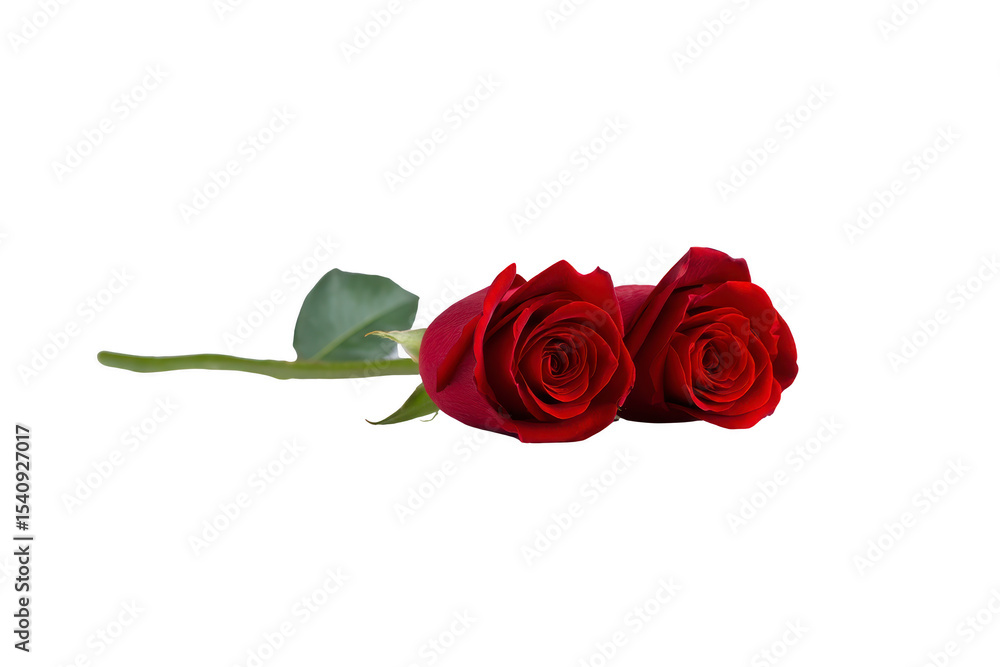 Naklejka premium Two vibrant red roses with lush green stems and leaves lie side by side, symbolizing love and passion. deep red petals are velvety and rich, creating romantic and elegant atmosphere
