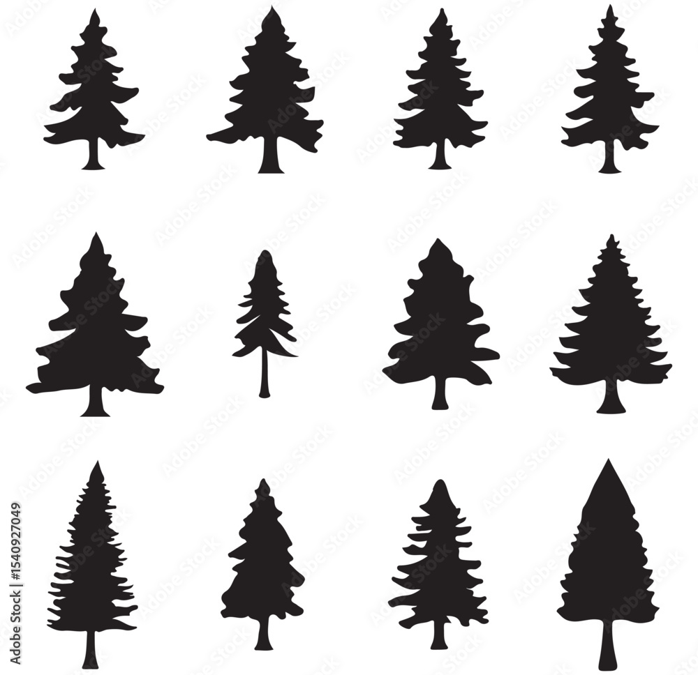 Fototapeta premium Tree silhouette, Christmas tree clip art. Winter Holiday Symbols. Spruce tree, ink plant sketch, hand drawing. Design EPS 10