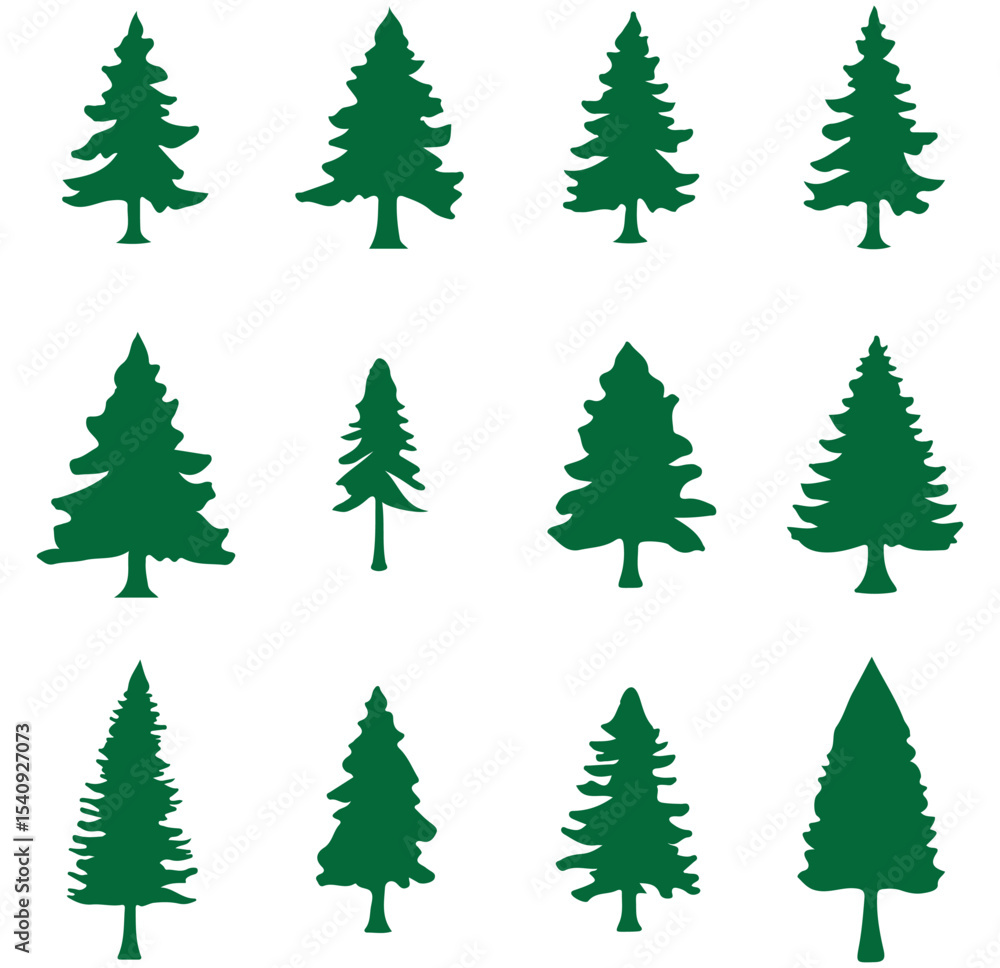 Fototapeta premium Tree silhouette, Christmas tree clip art. Winter Holiday Symbols. Spruce tree, ink plant sketch, hand drawing. Design EPS 10