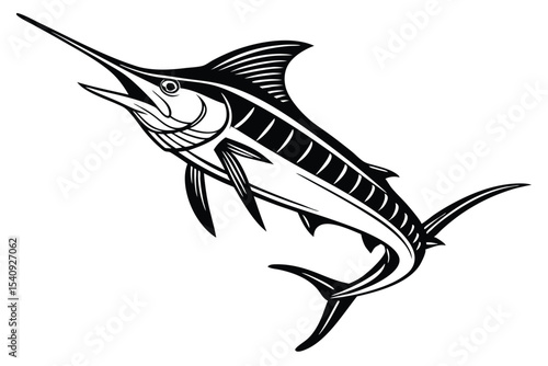 Majestic marlin swims powerfully, a striking silhouette in the ocean depths, outlined in black and white