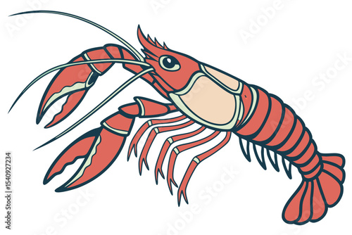 A vibrant red crawfish illustration with light accents and an outlined appearance displays clearly