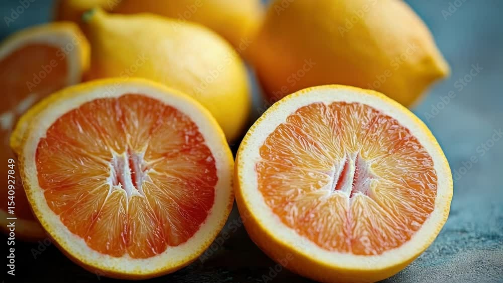 Freshly cut oranges arranged on a table. Freshly cut oranges arranged on a table.