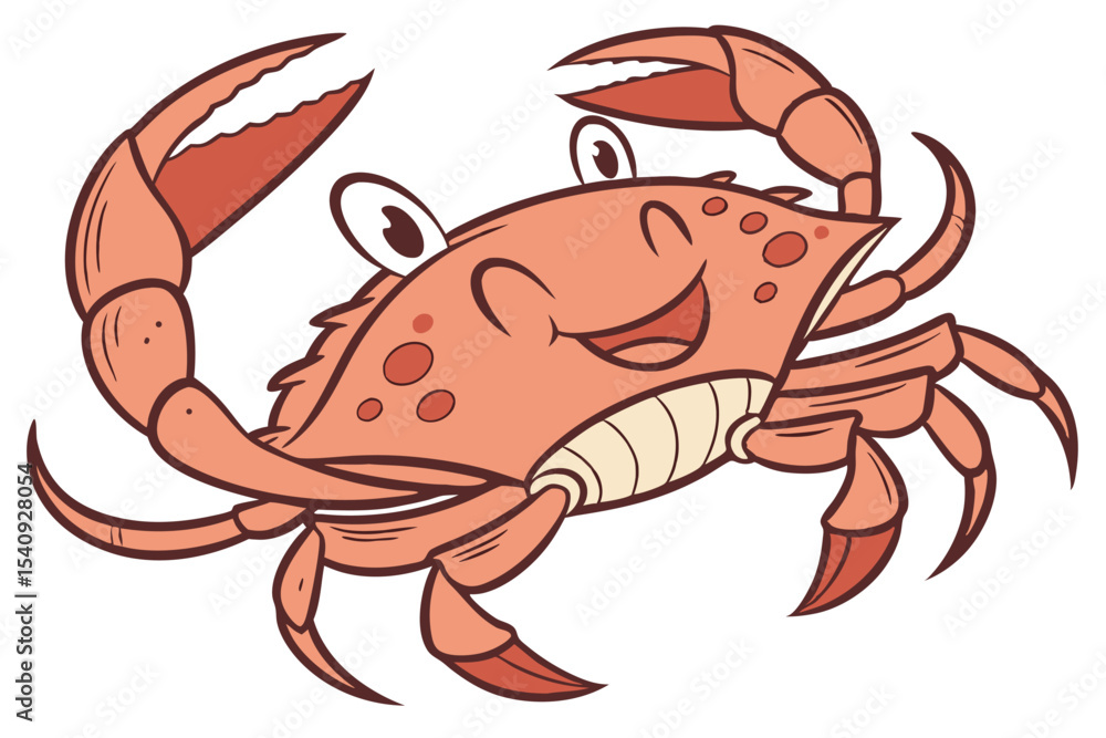 Fototapeta premium Happy cartoon crab cheerfully waves its claw as it crawls sideways on a white backdrop