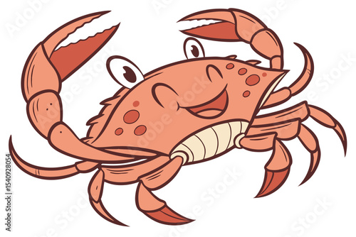 Happy cartoon crab cheerfully waves its claw as it crawls sideways on a white backdrop