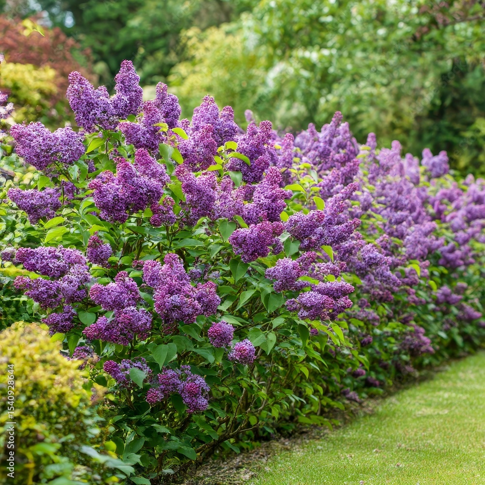 Obraz premium a group of green lilac bushes in bloom with fragrant purple flowers in a garden border