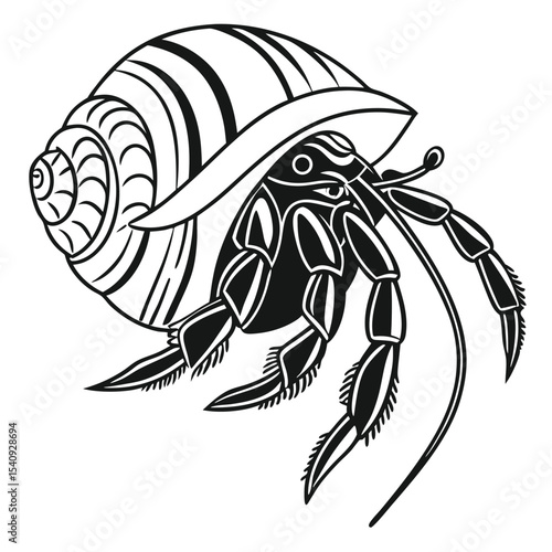 Black outline shows a hermit crab with striking details leaving the shell