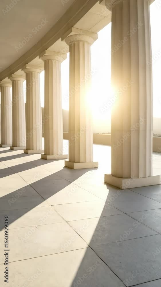Classical colonnade casting long shadows on a stone floor, creating a symmetrical architectural perspective with white columns Classical colonnade casting long shadows on a stone floor, creating a symmetrical architectural perspective with white columns