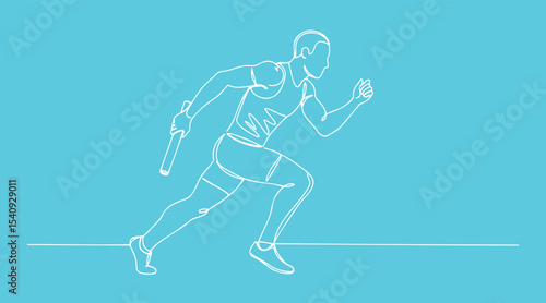 Athlete running with baton in relay race depicted in minimalist line art style 