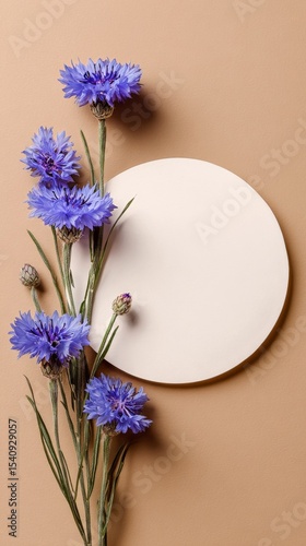 Beautiful Blue Flowers and Circular Paper on a Brown Background for Artistic ...