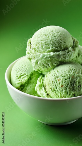 Delicious Green Mint Ice Cream Served in a Bowl on a Vibrant Green Background.