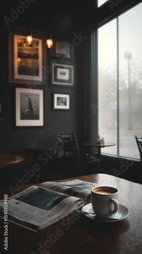 Cozy Cafe Interior With Coffee on Table During Rainy Day in Urban Setting.