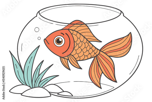 An orange fish with detailed scales swims inside a rounded glass fishbowl near plants