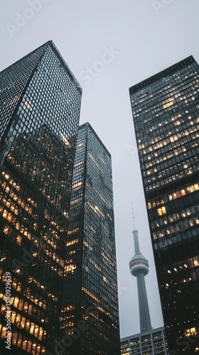 Urban Skyline With Modern Glass Buildings and Tower During Overcast Evening
