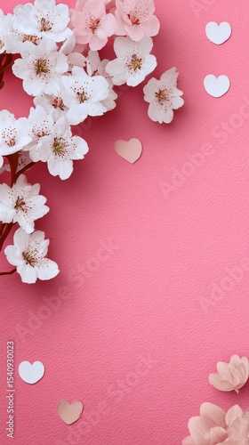 Delicate Cherry Blossoms and Paper Hearts on a Pink Background Create a Roman...
