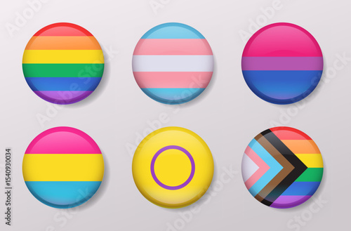 LGBTQ pride flag badges collection colorful round icons glossy buttons on light background diversity celebration set web graphic