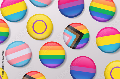 LGBTQ pride buttons collection colorful flags diverse community symbols glossy round badges seamless pattern light background