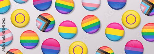 Pride month celebration colorful LGBTQIA+ badges diverse rainbow flags glossy round buttons seamless pattern light background banner