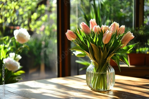Elegant Bouquet of Tulips Displayed in a Glass Vase on a Wooden Table in a Su...