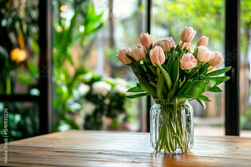 Elegant Bouquet of Tulips Displayed in a Glass Vase on a Wooden Table in a Su...