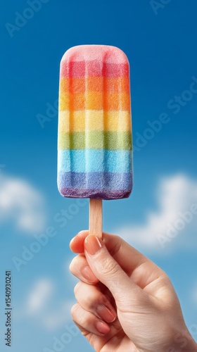 Colorful Rainbow Popsicle Held Against a Bright Blue Sky With Fluffy Clouds