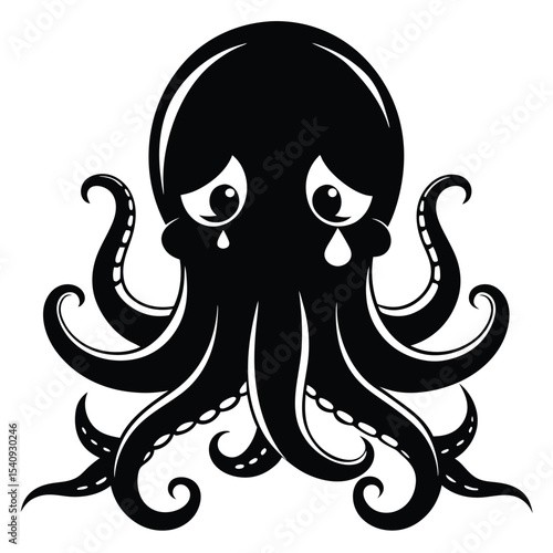 An adorable black octopus sheds tears with its eight arms curled sadly downward