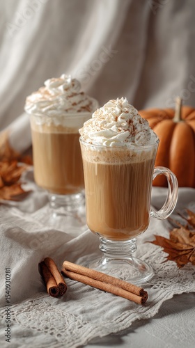 Warm Spiced Beverages With Whipped Cream and Cinnamon in Autumn Decor