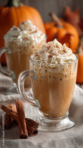 Delicious Pumpkin Spice Latte Served in Clear Glass Mugs With Whipped Cream
