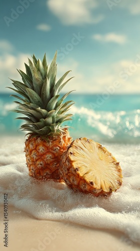 Pineapples Resting on a Beach Shore With Gentle Waves on a Sunny Day.