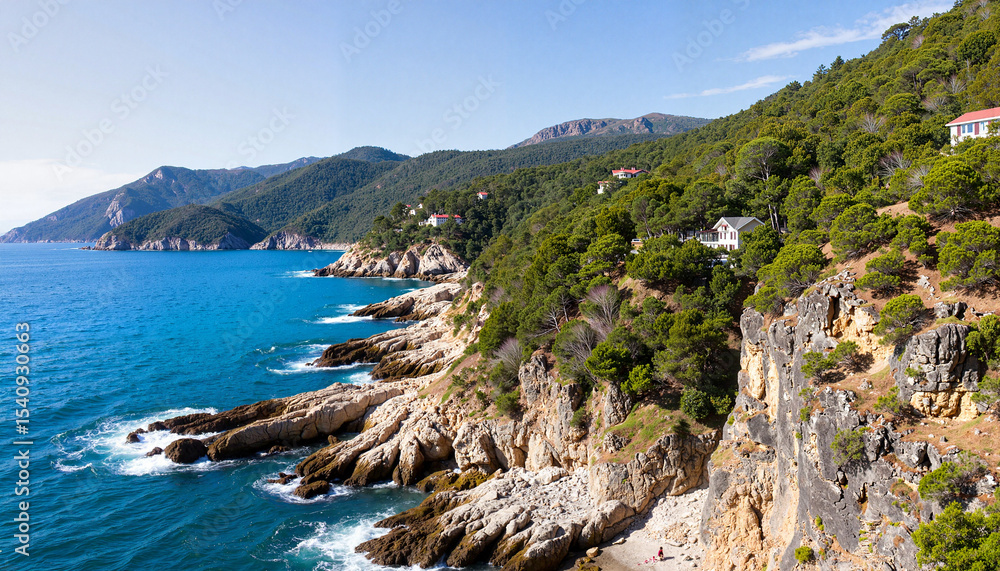Fototapeta premium Coastal landscape with rocky shore and green hills on sunny day 