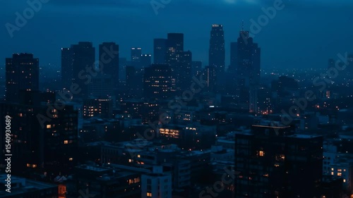 City skyline at dusk with illuminated buildings, urban nightscape