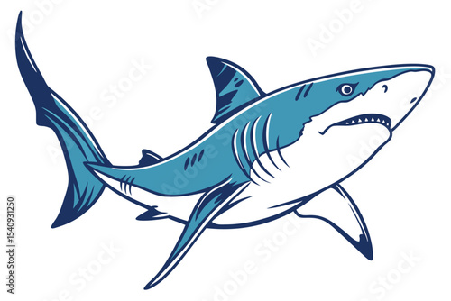 A blue great white shark swims majestically, displaying its formidable teeth on white backdrop
