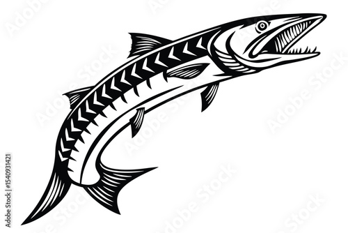 A ferocious barracuda fish boldly leaps upward, its mouth agape and teeth revealed