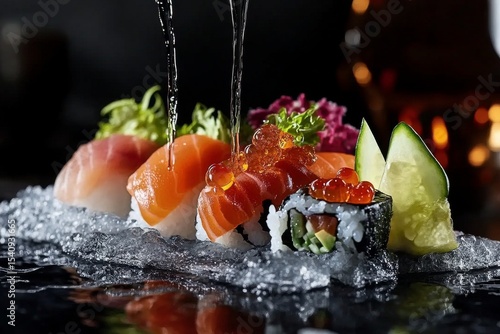 Fresh Sushi Platter With Assorted Seafood and Colorful Toppings in an Elegant...