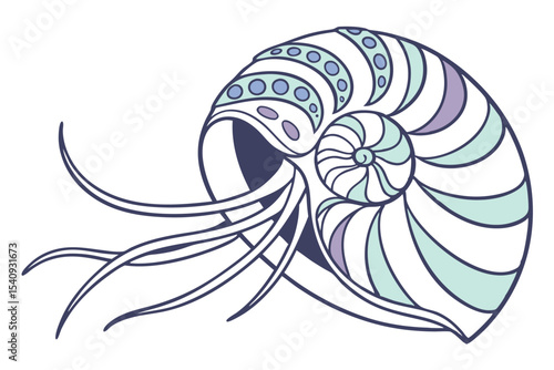 Nautilus shell shows beautiful spiraling chambers and flowing tentacles, presented with soft coloring