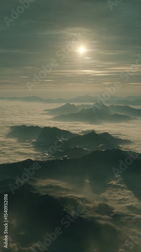 Stunning View of Mountain Range Above Clouds at Sunrise With Soft Light Illum...