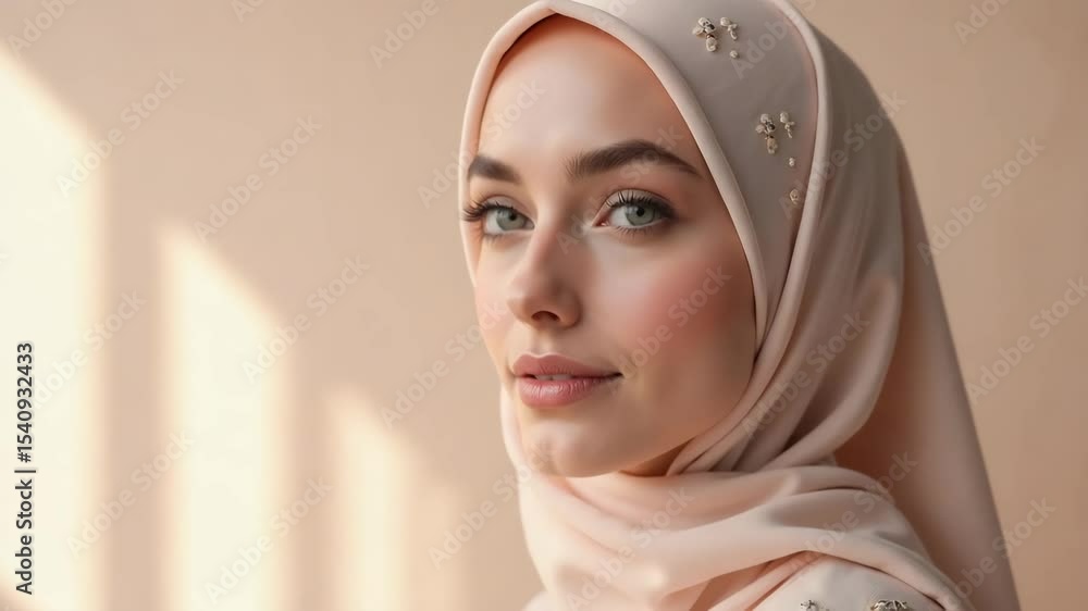 Elegant woman in stylish peach hijab. Peach hijab with subtle embellishments, worn by young woman with natural makeup. Image of stylish hijab for fashion blog, website, or social media. Elegant woman in stylish peach hijab. Peach hijab with subtle embellishments, worn by young woman with natural makeup. Image of stylish hijab for fashion blog, website, or social media.