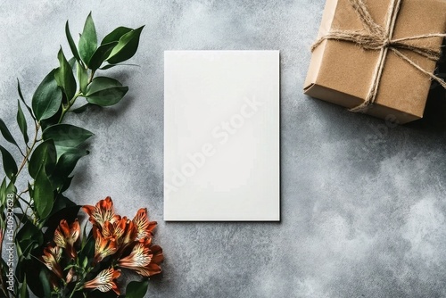 Blank Card With Flowers and Gift Box on Gray Background for Creative Projects...