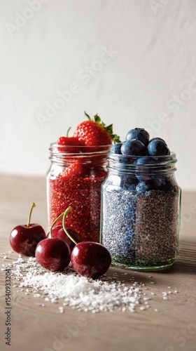 Fresh Fruits and Healthy Seeds Arranged in Jars on a Wooden Table During Dayl...