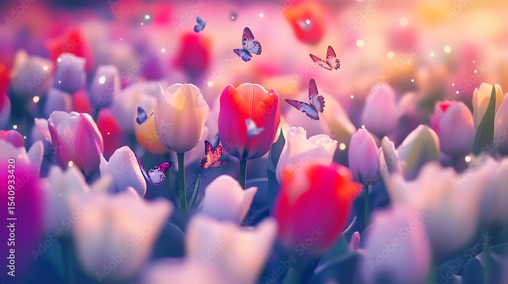 A playful field of colorful tulips with tiny butterflies fluttering around in soft pastel lighting. A playful field of colorful tulips with tiny butterflies fluttering around in soft pastel lighting.