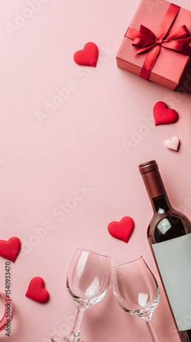 Romantic Celebration Setup With Wine Glasses and Decorative Hearts on Pink Su...
