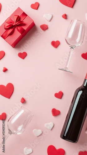 Romantic Celebration Setup With Wine Glasses and Decorative Hearts on Pink Su...