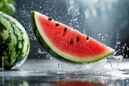 Fresh Watermelon Slice Splashes in Clear Water and Showcases Vibrant Colors
