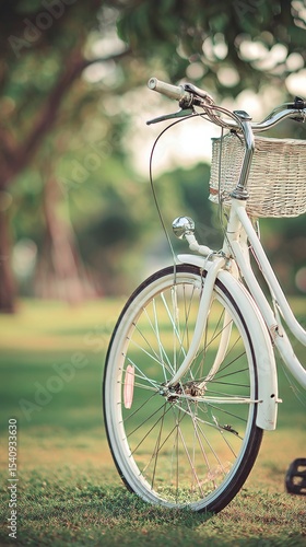 Bicycle Resting in a Sunny Park With Lush Greenery and a Vintage Wicker Basket.